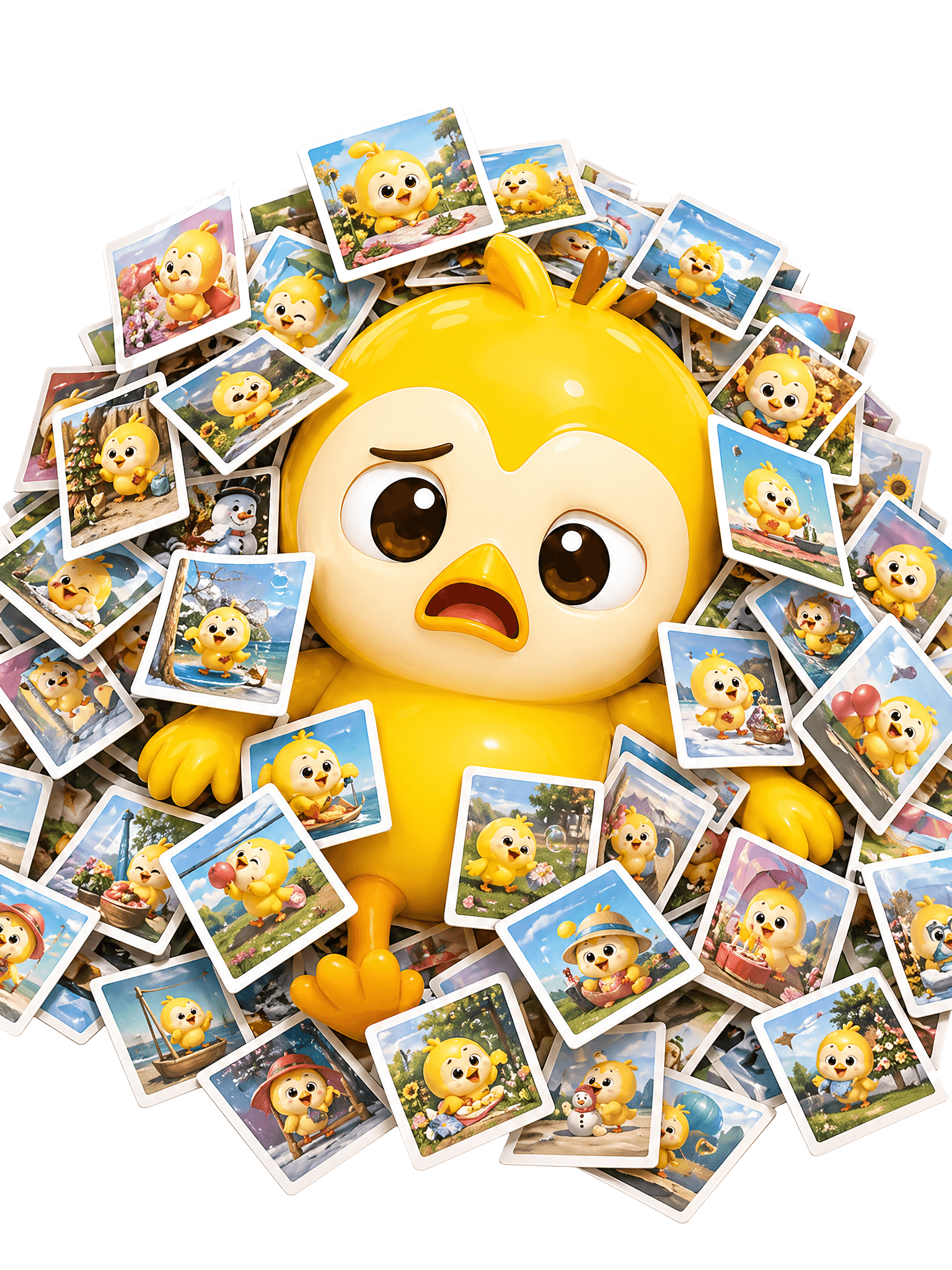 Before Stampling: mascot overwhelmed by a disorganized camera roll full of photos