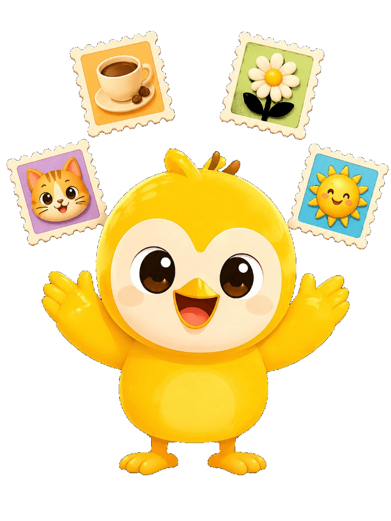 After Stampling: mascot delighted by an organized stamp photo collection
